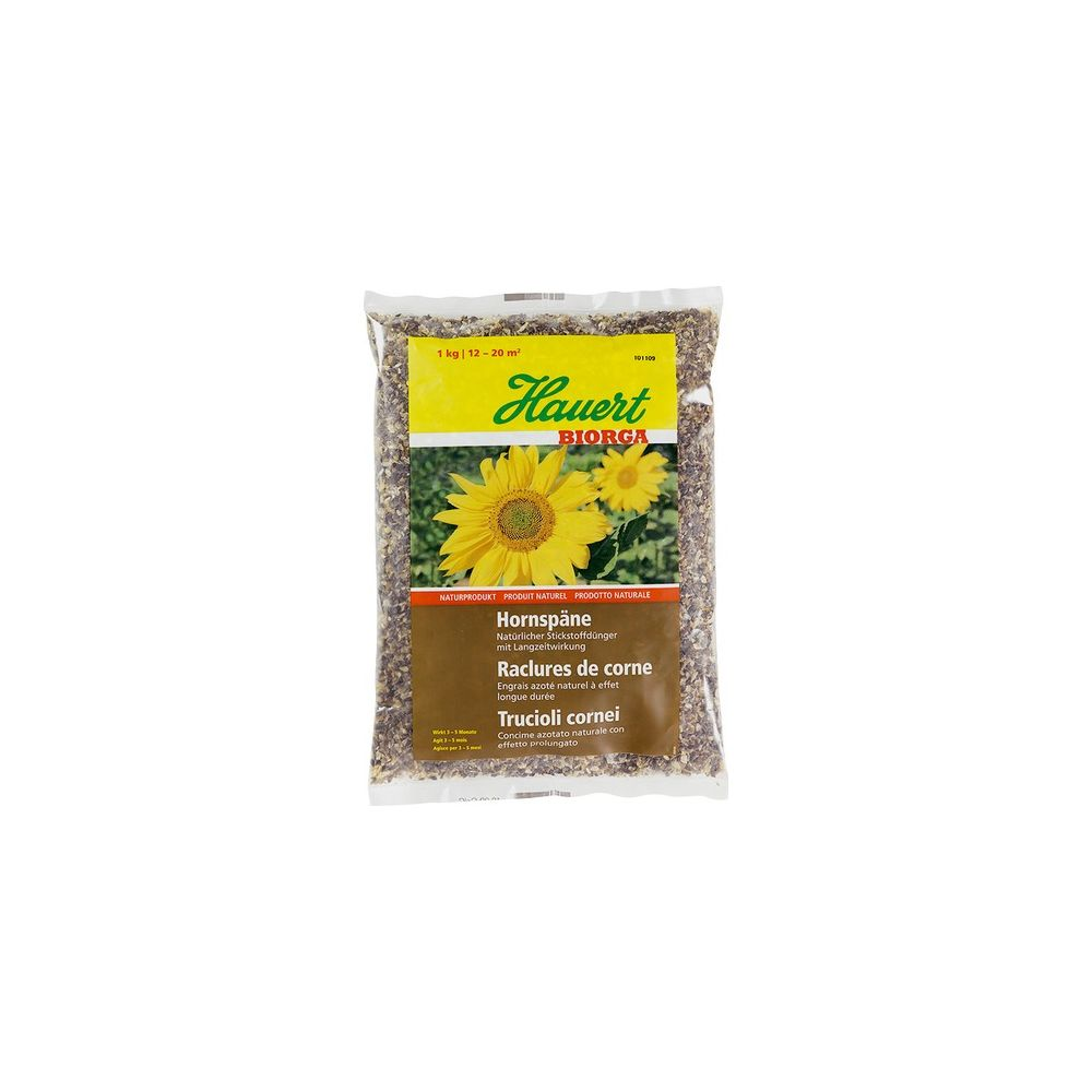 Packung mit Hornspänen von Hauert BIORGA mit Sonnenblumenmotiv. 1kg.