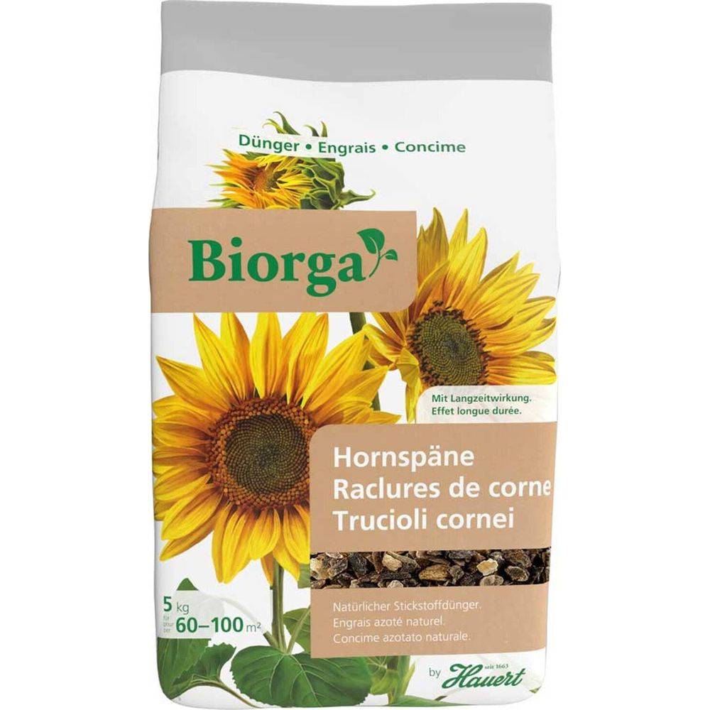 Biorga Dünger mit Sonnenblumenbildern und Hornspänen, 5 kg für 60-100 m².