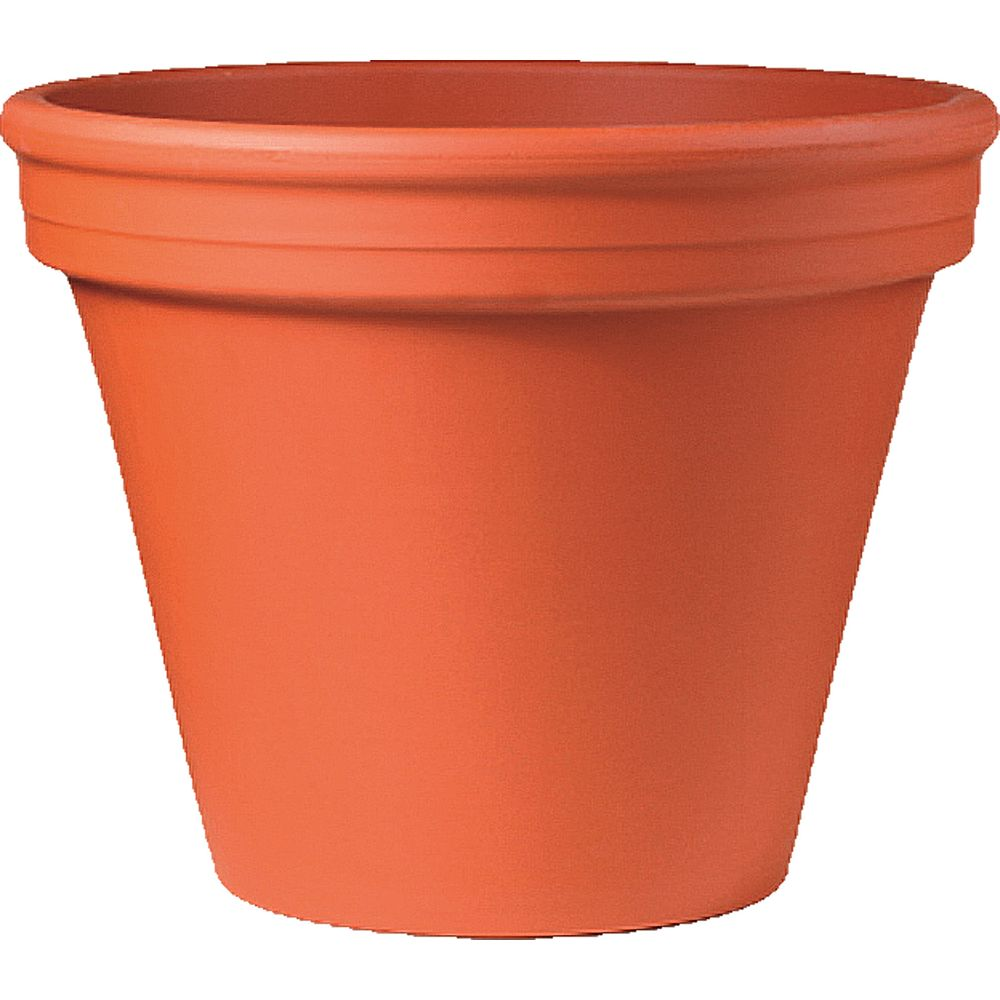 Un seul pot de fleurs couleur terre cuite avec un large bord et des rainures.