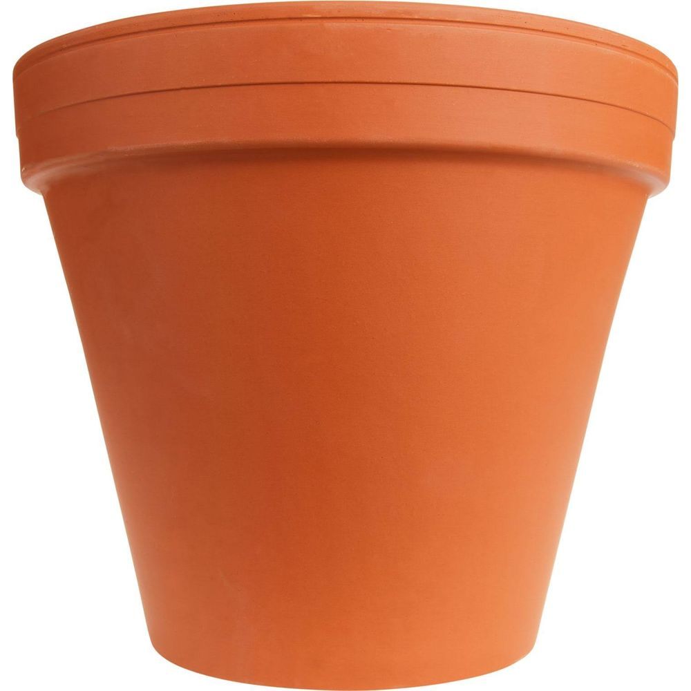 Un pot de fleurs en terre cuite orange avec deux anneaux supérieurs.