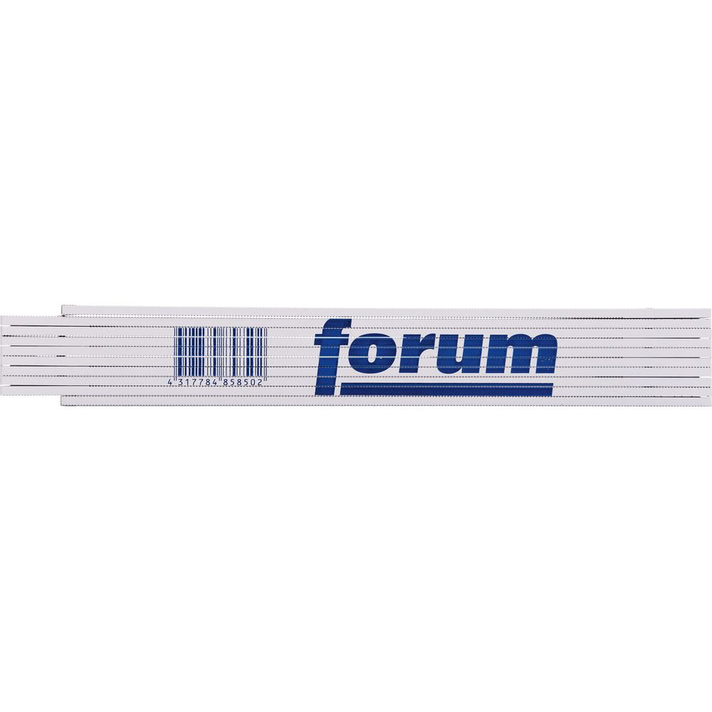 Une règle blanche avec le texte bleu 'forum' et un code-barres.