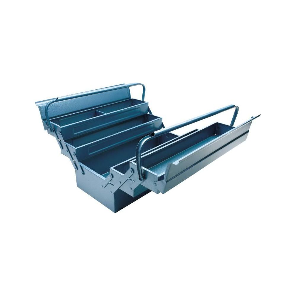 Ein offener, blauer Metallwerkzeugkasten mit mehreren Fächern und Griffen.