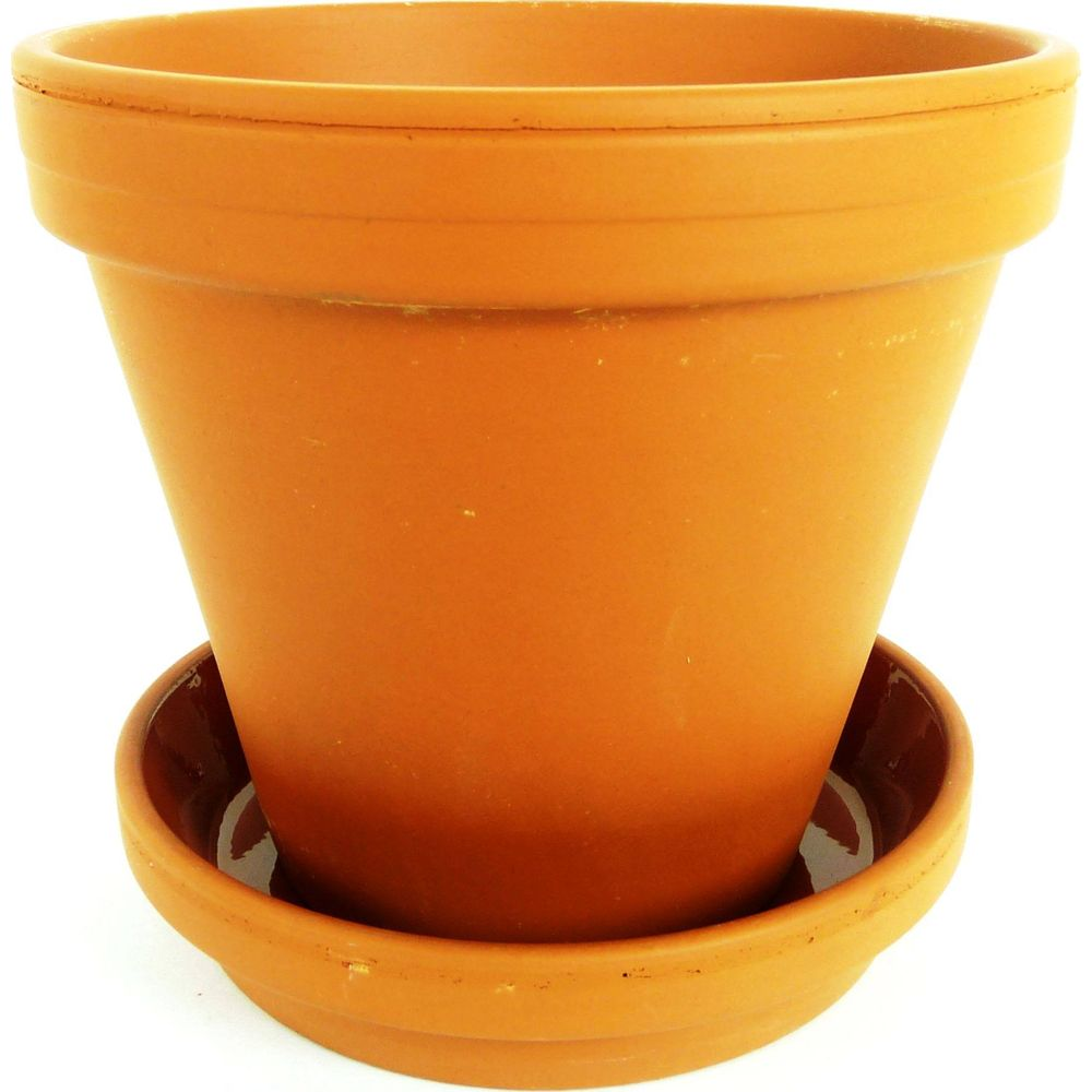 Ein brauner Terrakotta-Blumentopf mit Untersetzer auf weißem Hintergrund.