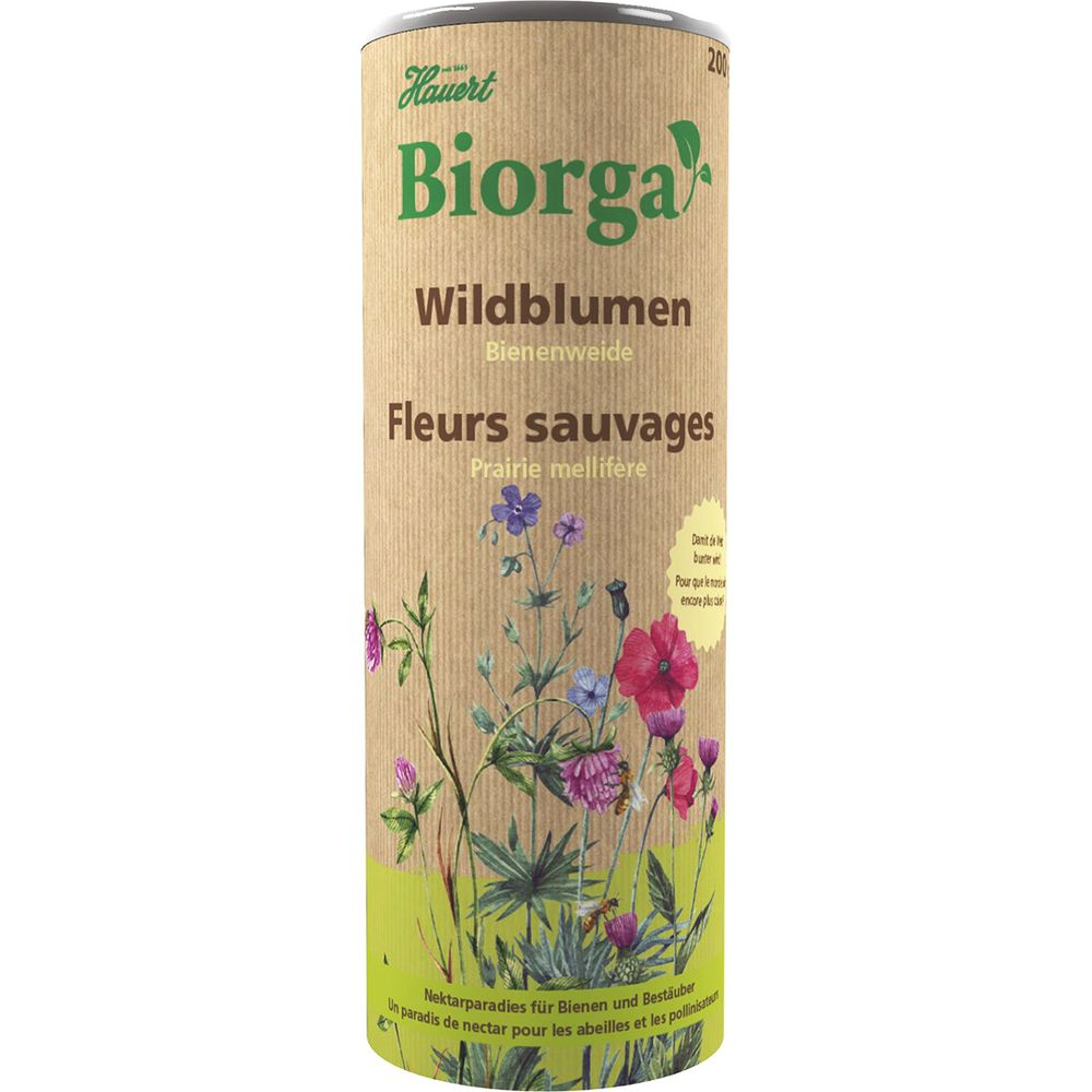 Biorga Wildblumen-Samen: bunte Blumen, Insekten und Text.