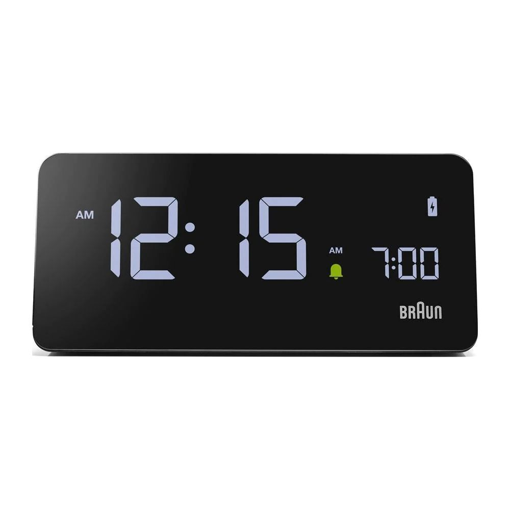 Schwarzer Digitalwecker mit LED-Anzeige, zeigt 12:15 AM und 7:00 AM.