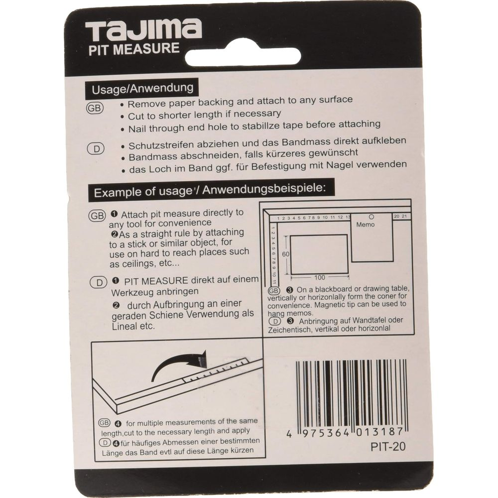 Tajima Pit Measure Verpackung mit Anwendungsbeispielen und Barcode.