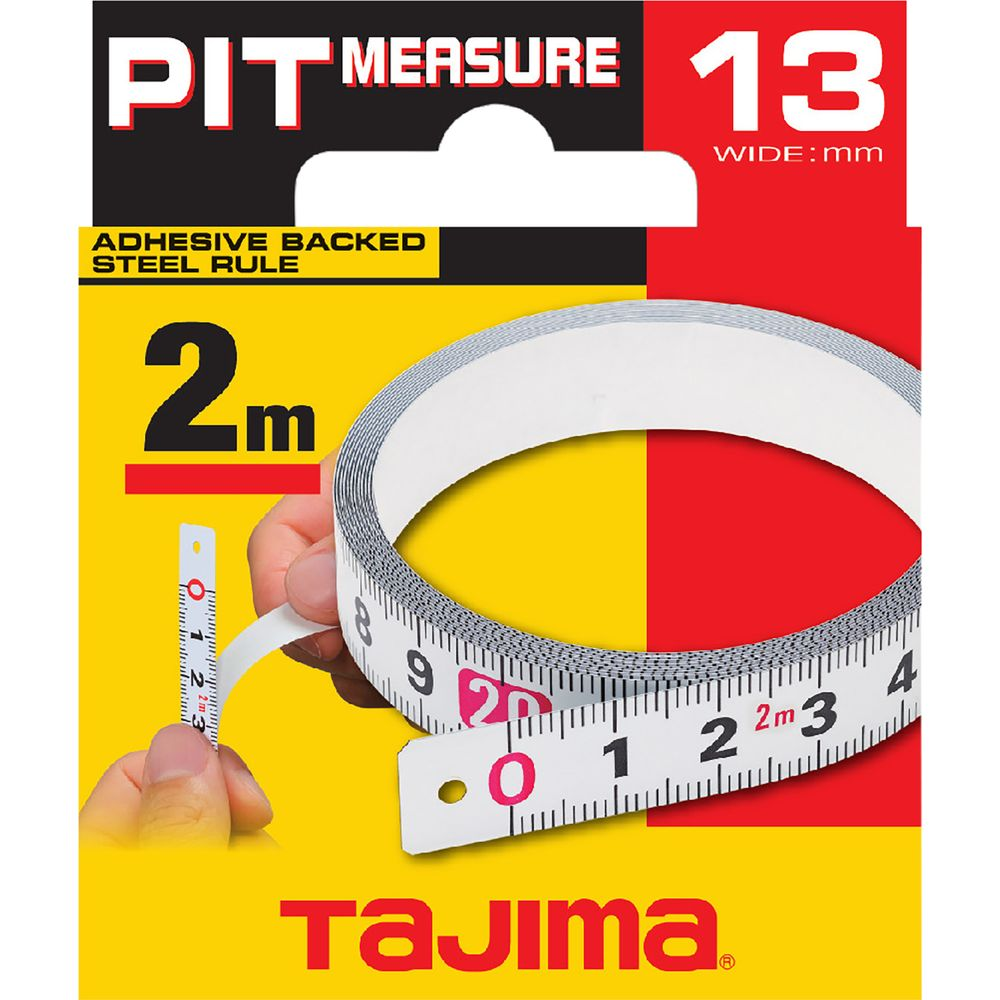 Ein 2m langes, klebendes Stahlmaßband mit der Aufschrift PIT MEASURE.
