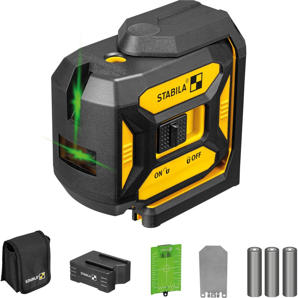Un niveau laser noir et jaune avec accessoires sur fond blanc.