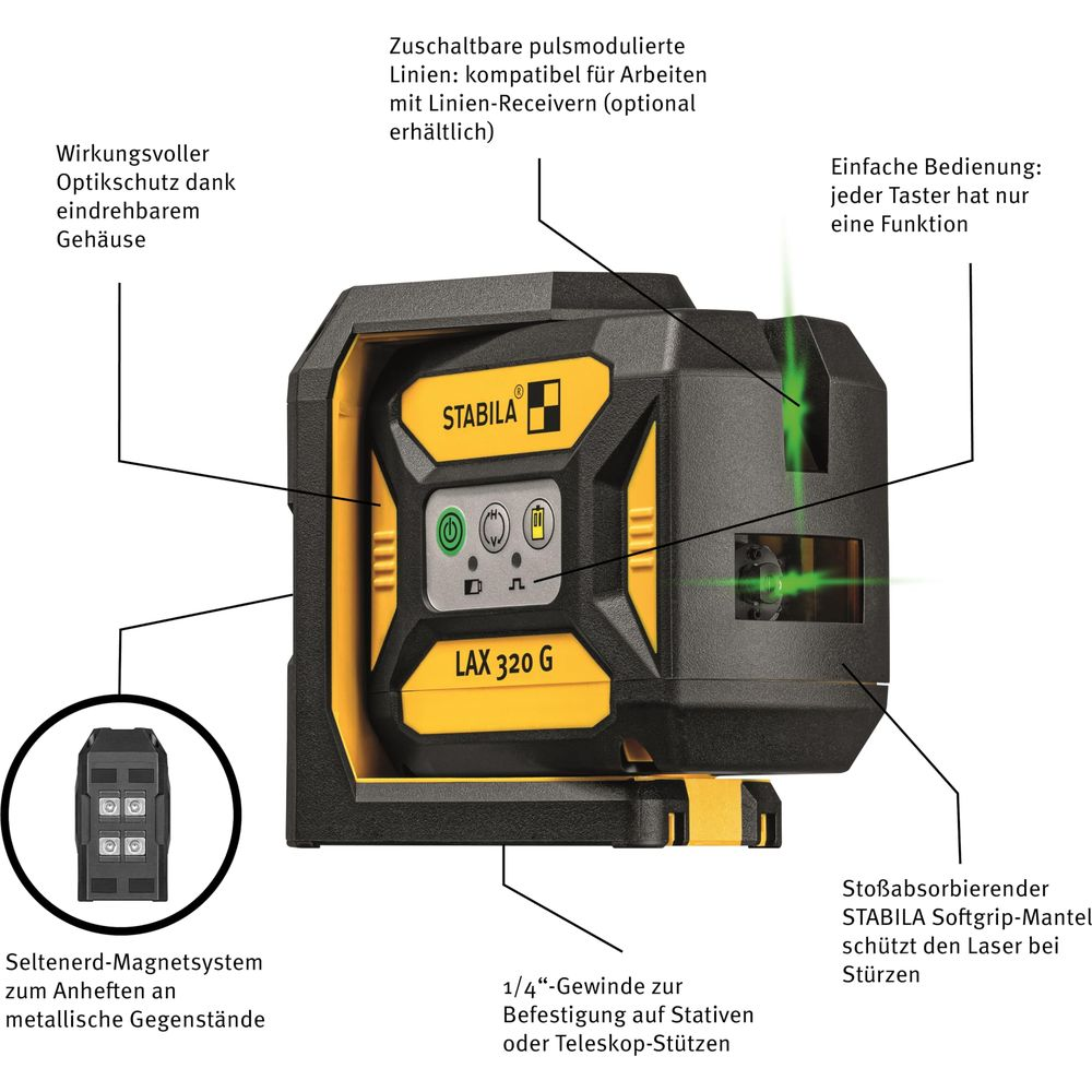 Un niveau laser noir et jaune avec des lignes laser vertes et des étiquettes.