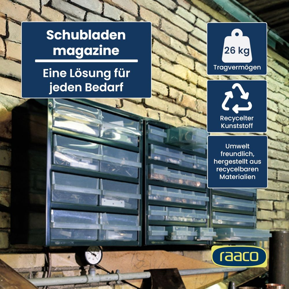 Schubladenmagazin mit 26 kg Tragvermögen, recycelter Kunststoff.