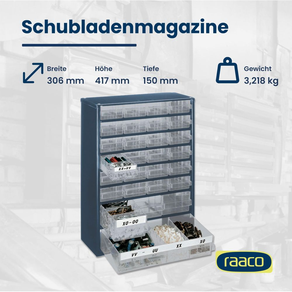 Schubladenschrank mit vielen Fächern, Maße und Gewicht angegeben.