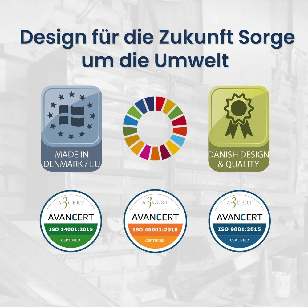 Logo-Collage mit Umwelt- und Qualitätszertifikaten sowie dänischem Design-Siegel.