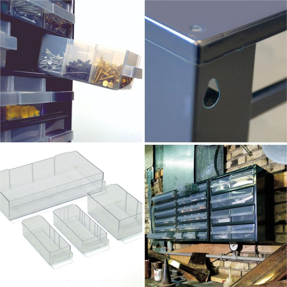Werkzeugschubladen mit Schrauben und Beschlägen, Ecke eines Metallmöbels, klare Aufbewahrungsbehälter.