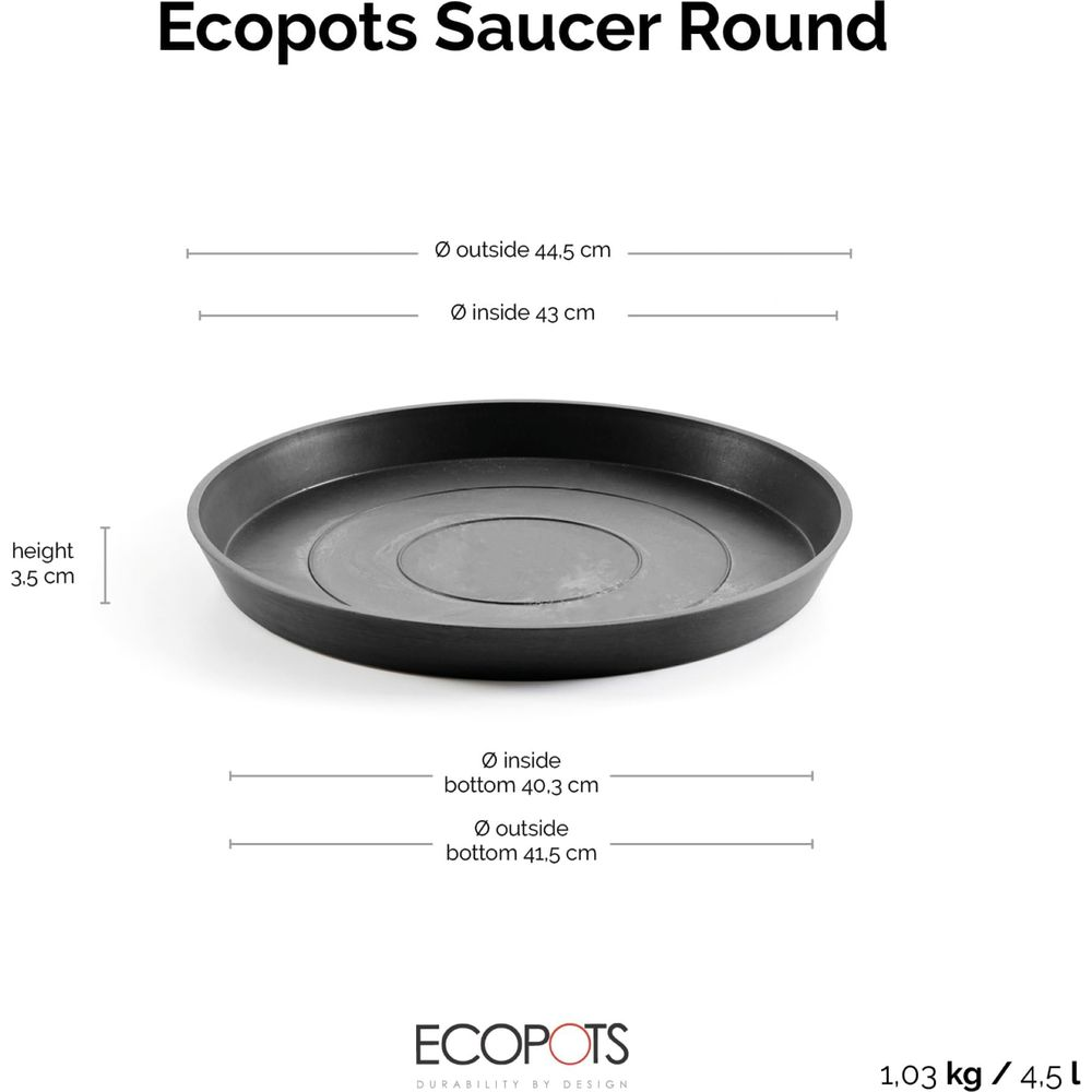 Schwarzer runder Ecopots-Untersetzer, 44,5 cm Durchmesser, 3,5 cm Höhe.
