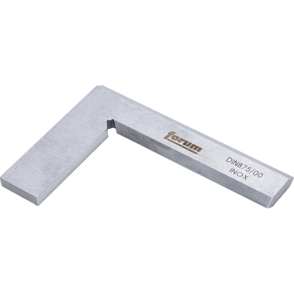 Ein silberner Winkelmesser mit der Aufschrift "forum" und "DIN875/00 INOX".