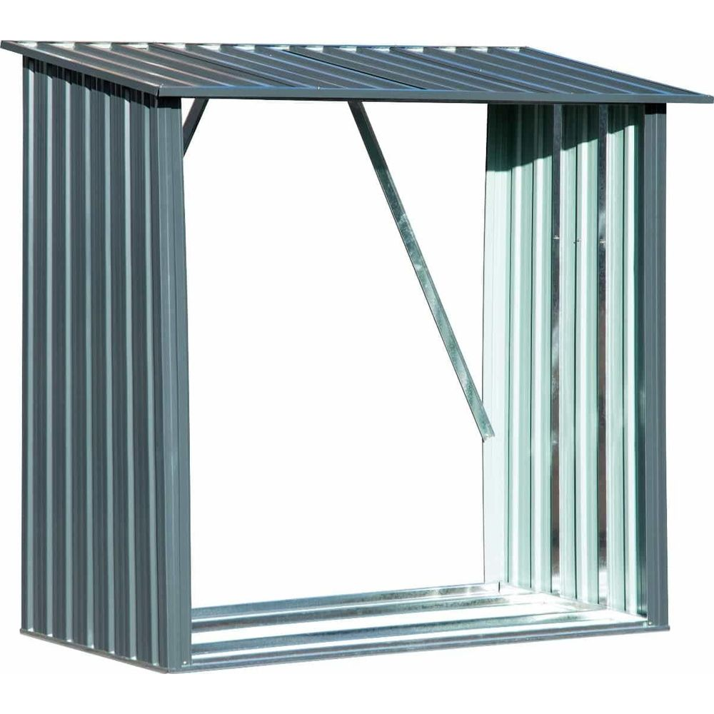 Grauer Metallschuppen mit schrägem Dach und offenen Seiten.