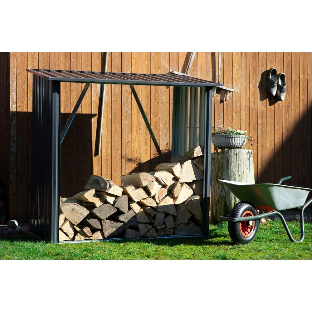 Ein Holzschuppen mit Holzscheiten, ein Schubkarren und ein Baumstumpf mit Pflanze.