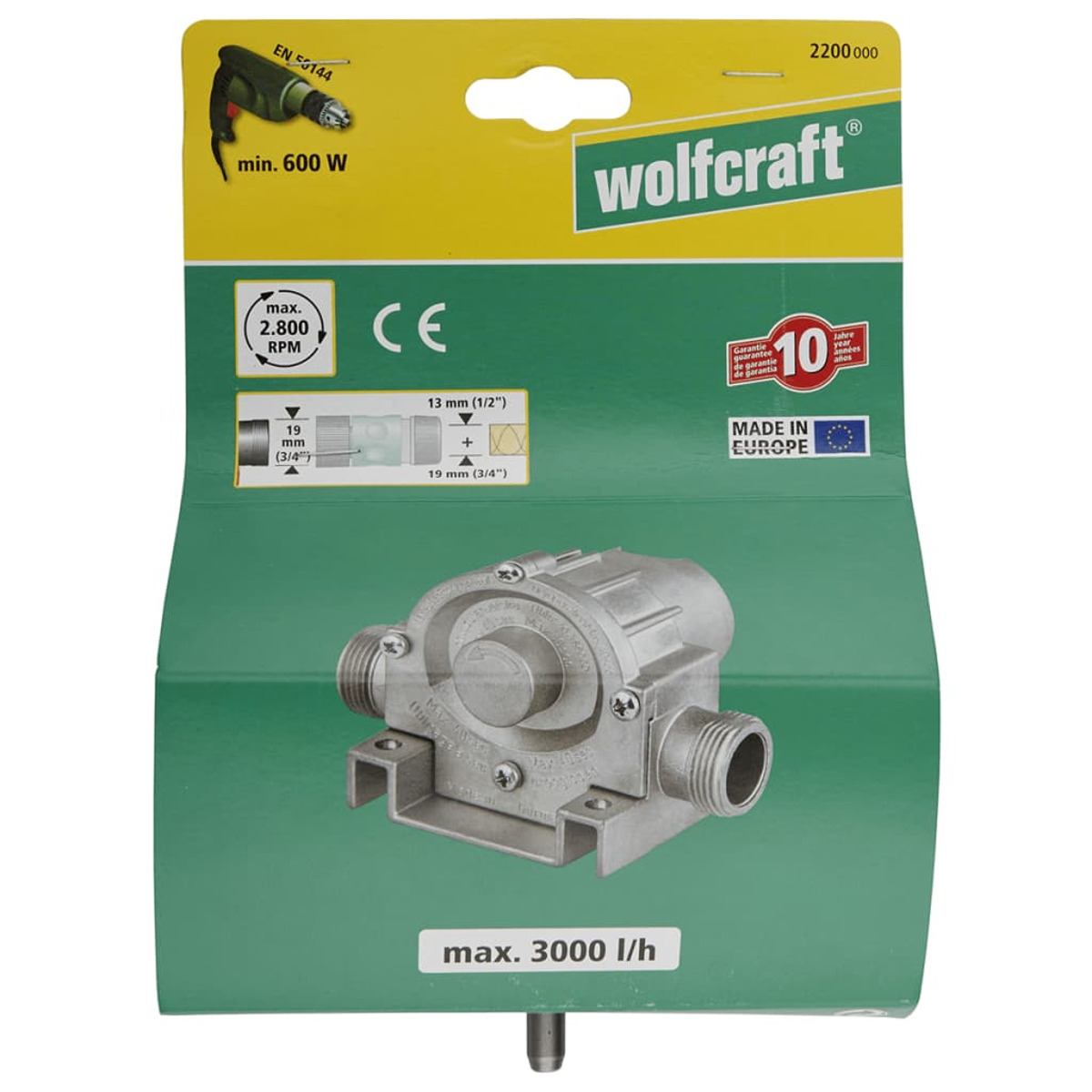 Embalaje para una bomba de 3000 l/h, marca Wolfcraft.