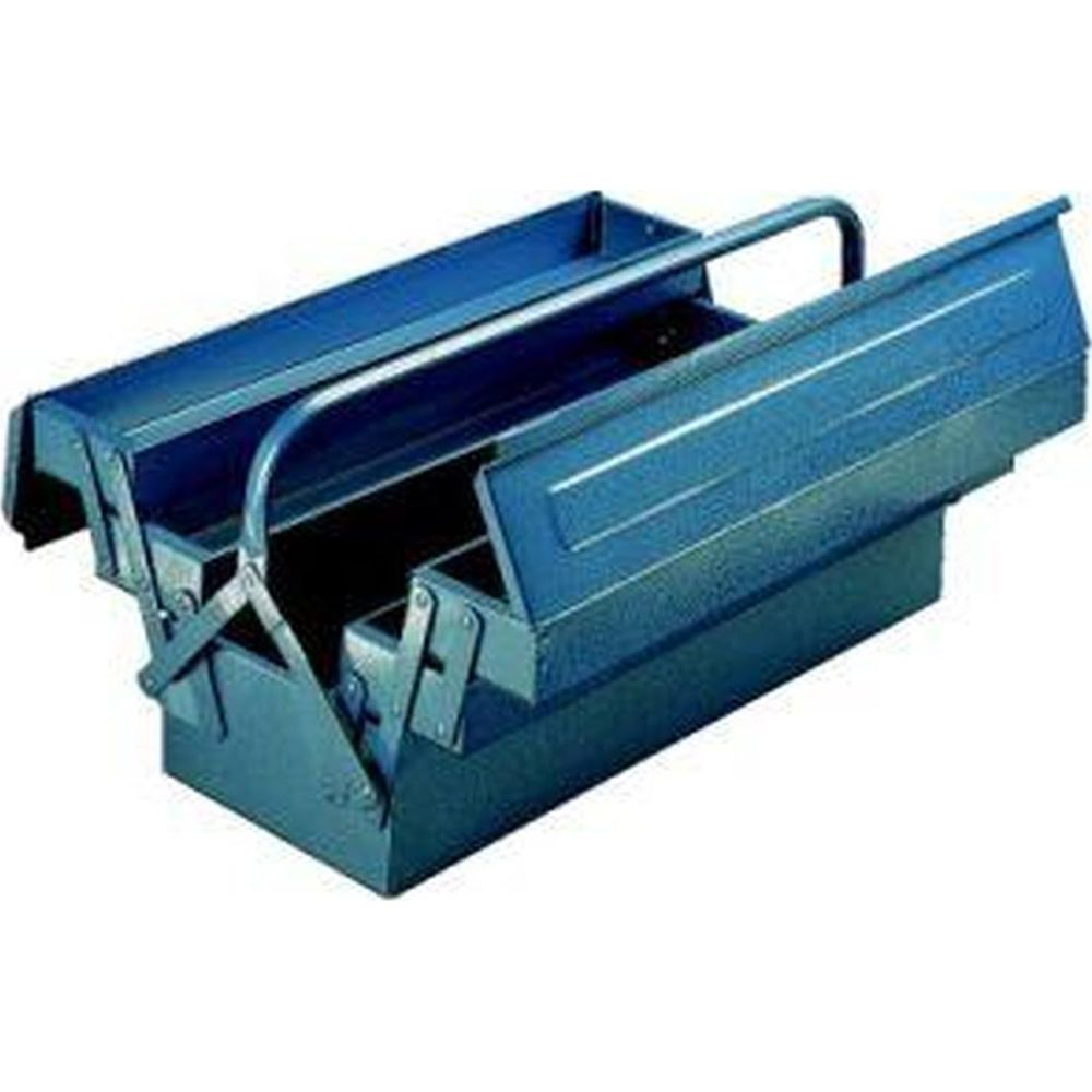 Eine blaue Metallwerkzeugkiste mit geöffneten Fächern, die Aufbewahrungsfächer zeigen.