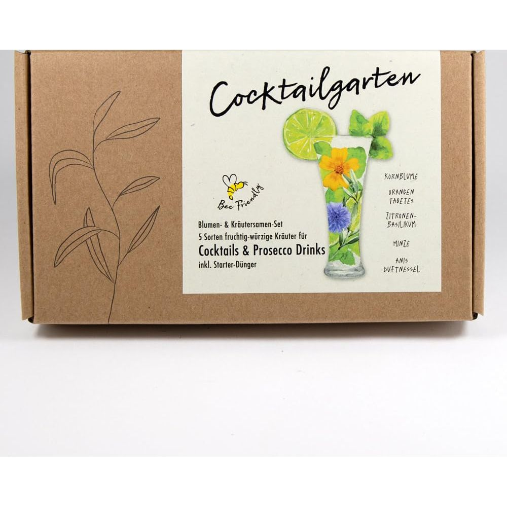 Une boîte intitulée "Cocktailgarten" présente un kit de graines d'herbes.