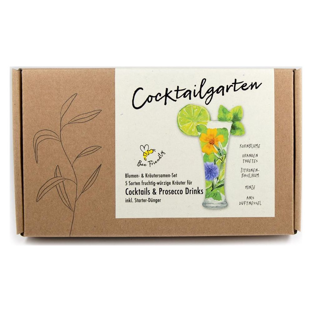 Un paquet "Cocktailgarten" avec des graines d'herbes et de l'engrais pour cocktails.