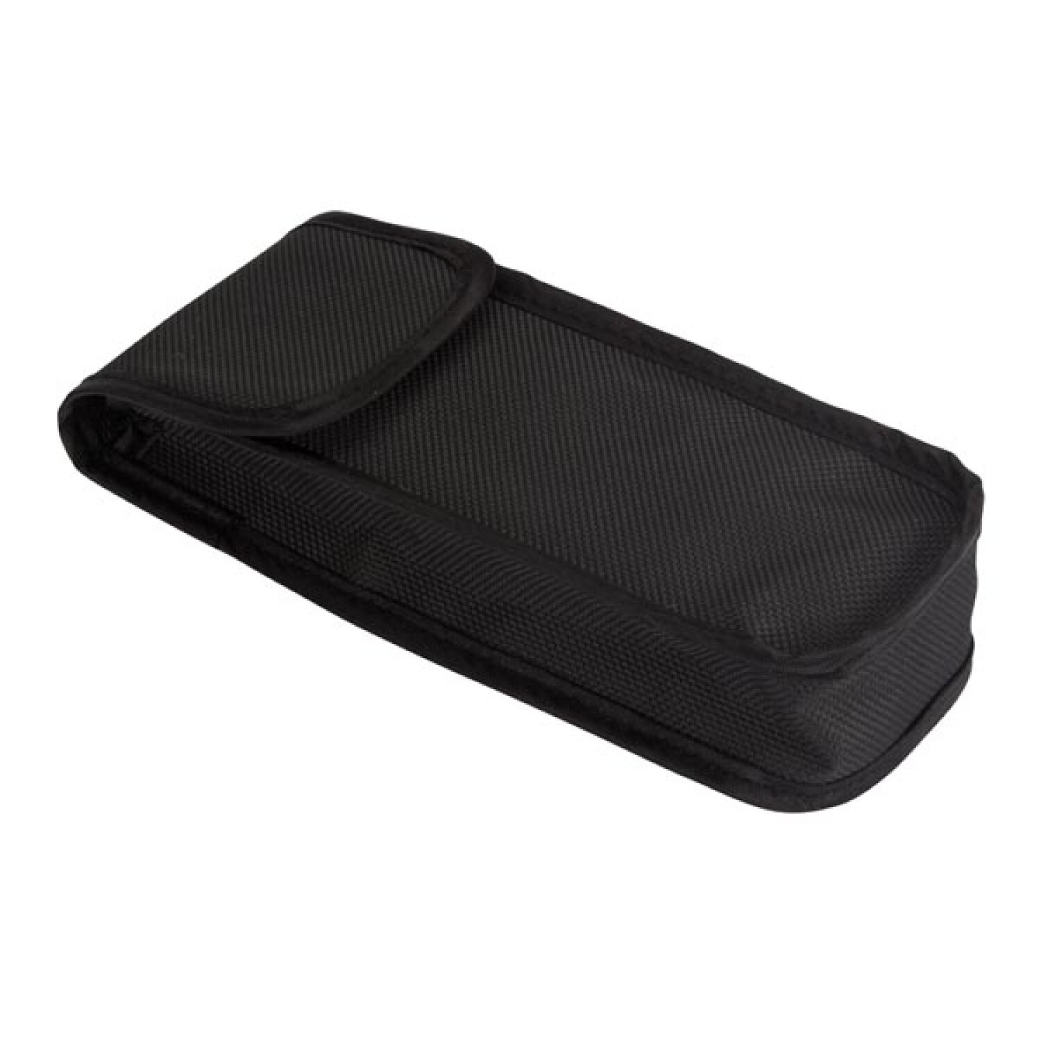 Schwarze Stofftasche mit Klettverschluss, für Werkzeuge oder Zubehör.