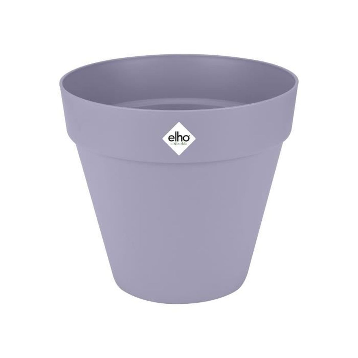 Ein lavendelfarbener Blumentopf mit dem Elho-Logo auf der Vorderseite.