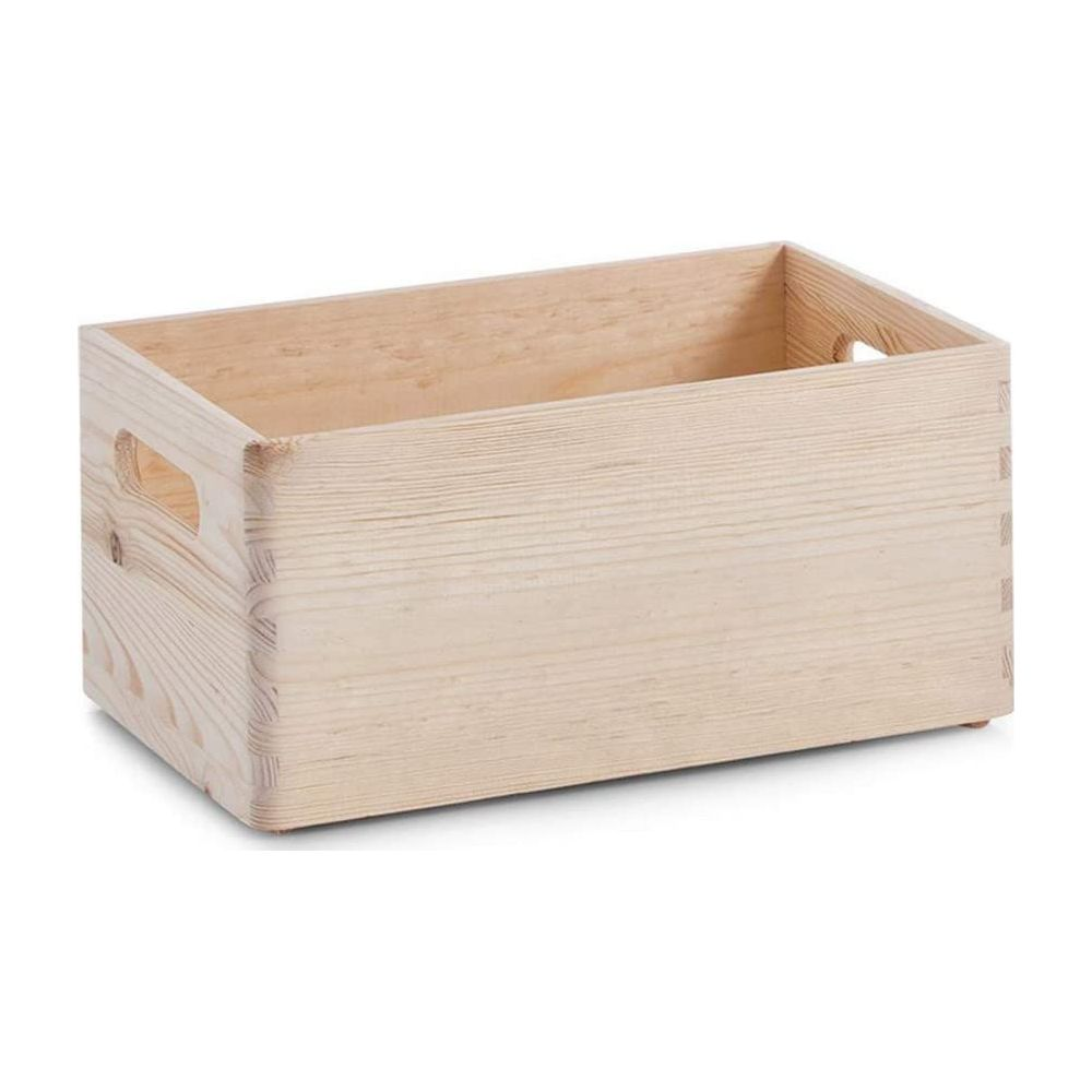 Ein einfacher Holzkasten mit Griffen an den Seiten, auf weißem Hintergrund.