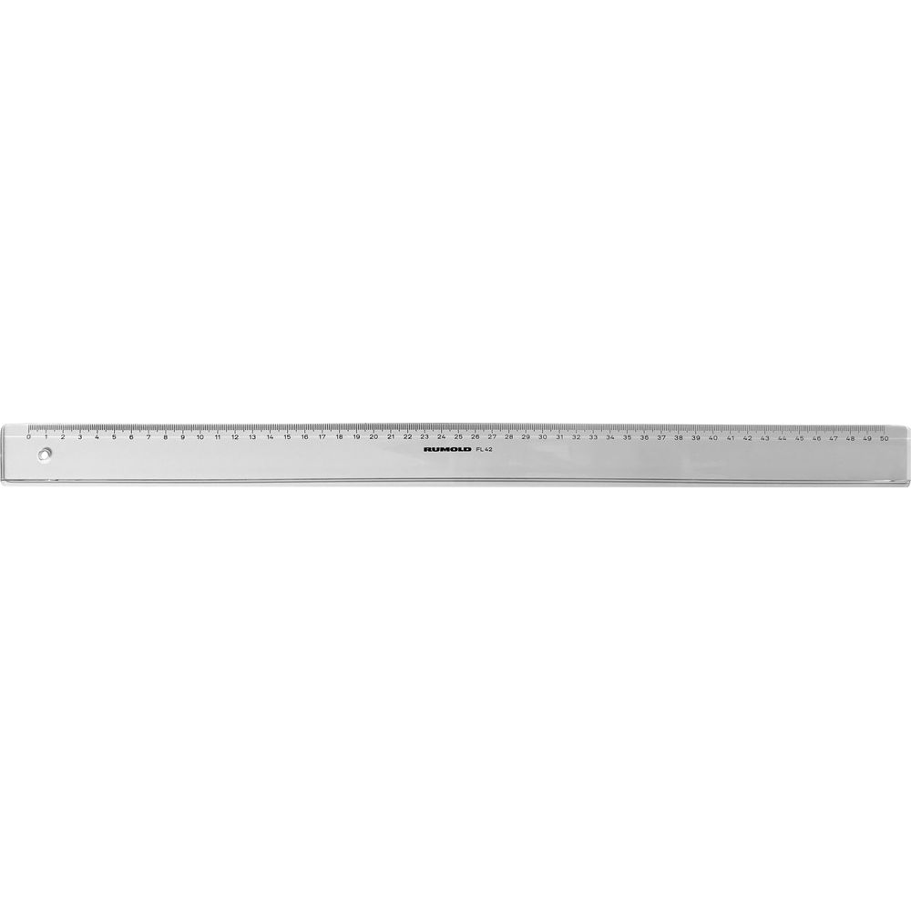 Un righello d'argento da 50 cm con segni e numeri neri.