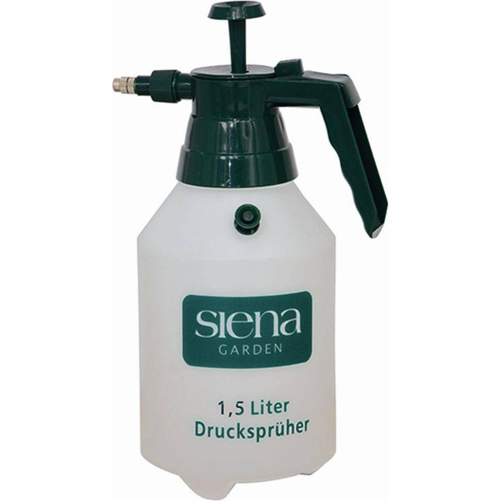 Ein weißer Sprühbehälter mit grünem Griff und Deckel, 1,5 Liter Fassungsvermögen.