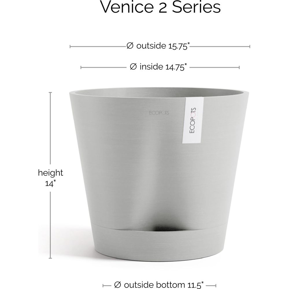 Jardinière grise avec dimensions : 14" hauteur, 15,75" extérieur, 14,75" intérieur.