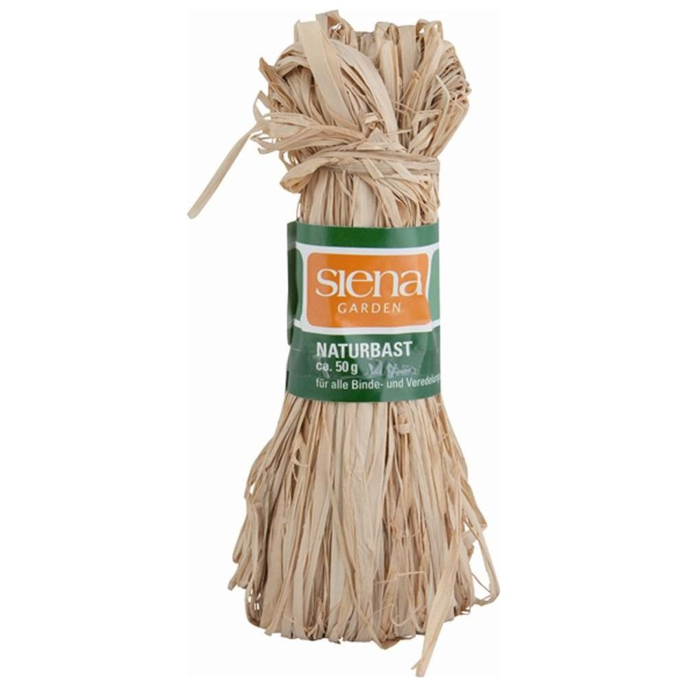Ein Bündel naturbelassener Bast, ca. 50 g, mit einem grünen Etikett von Siena Garden.