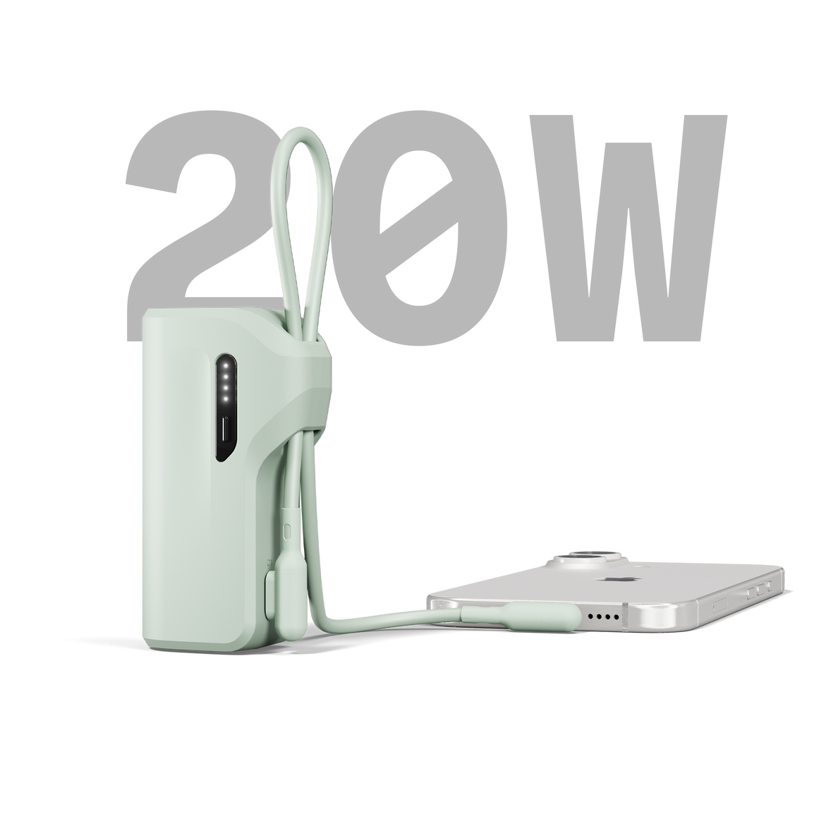 Ein mintgrünes Ladegerät lädt ein Smartphone. Großes 20W daneben.