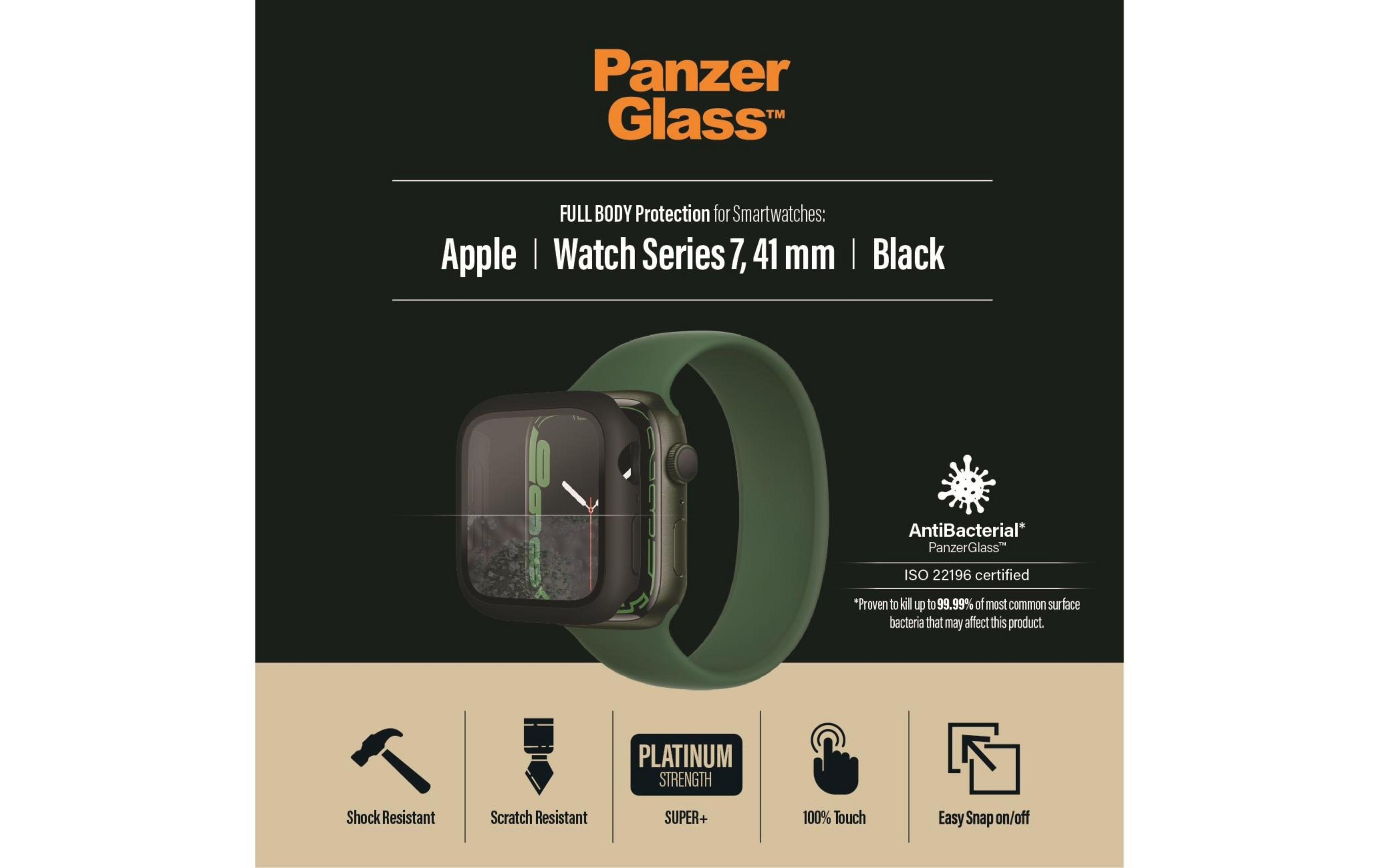 Czarna Apple Watch Series 7 z osłoną ekranu PanzerGlass i paskiem.