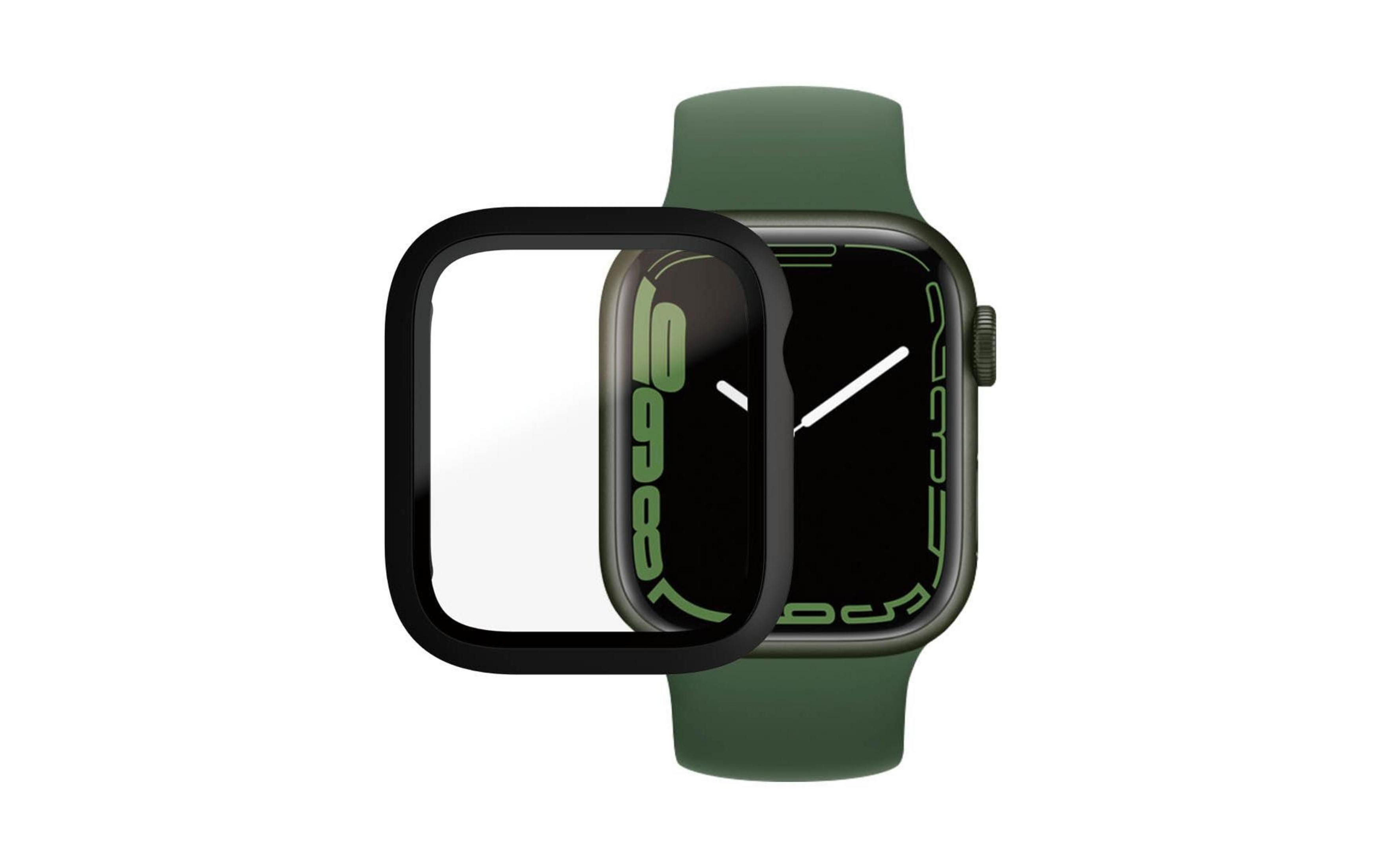 Zielony smartwatch z czarną ramką ochronną, na białym tle.