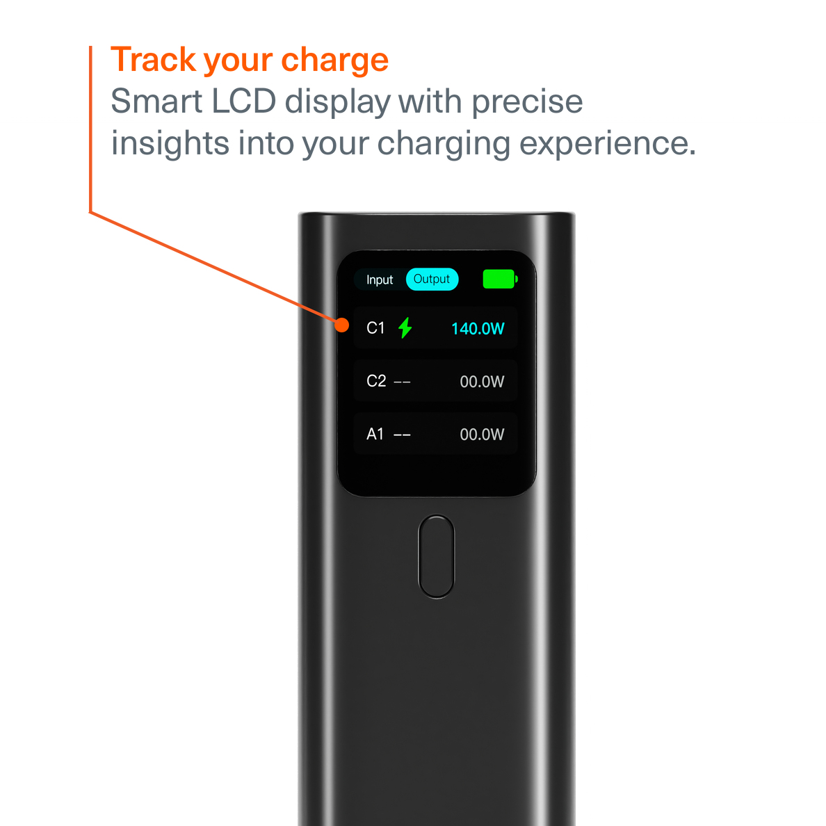 Chargeur noir avec écran LCD affichant 140W sur C1.