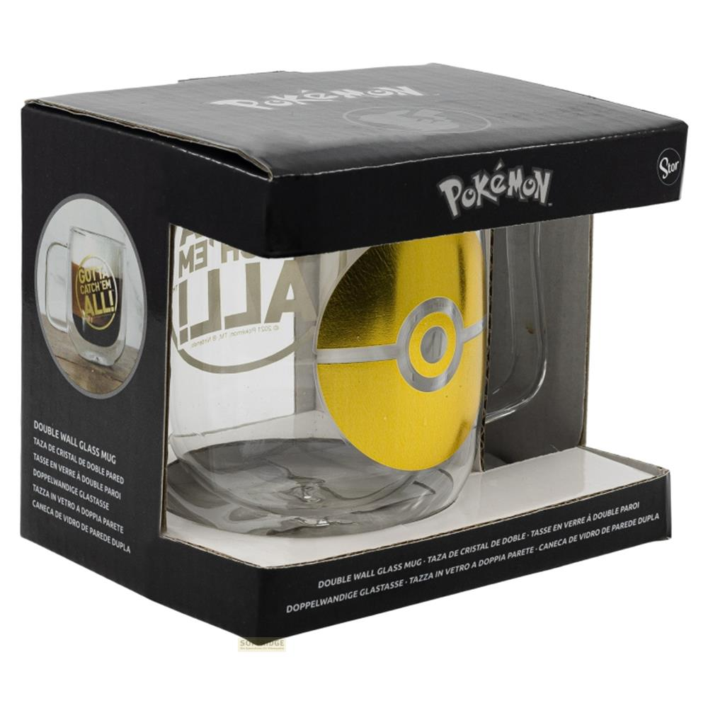 Embalaje de una taza de vidrio de doble pared con diseño de Pokeball y logo Pokémon.