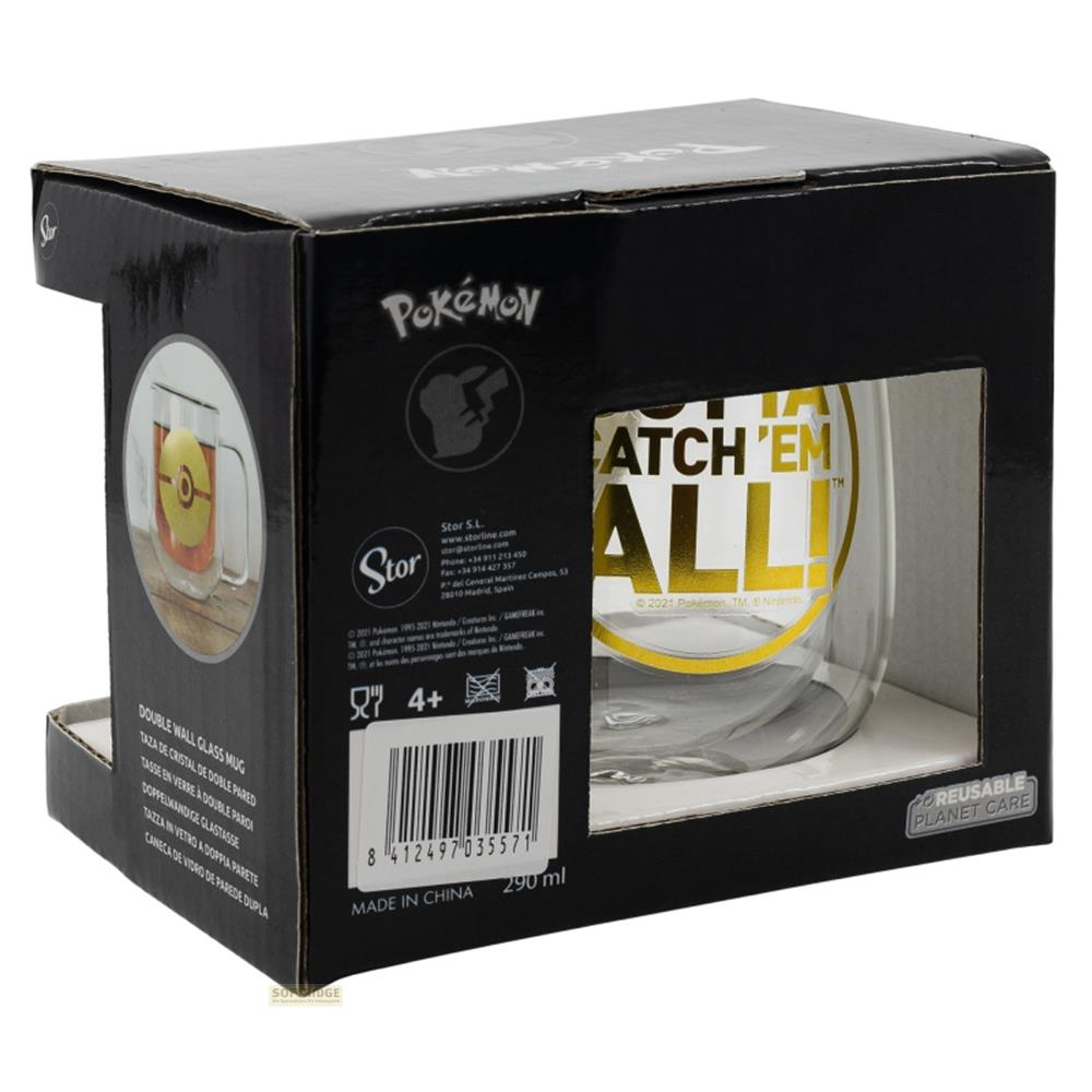 Taza de cristal doble Pokemon con texto 'Catch 'Em All' en embalaje negro.