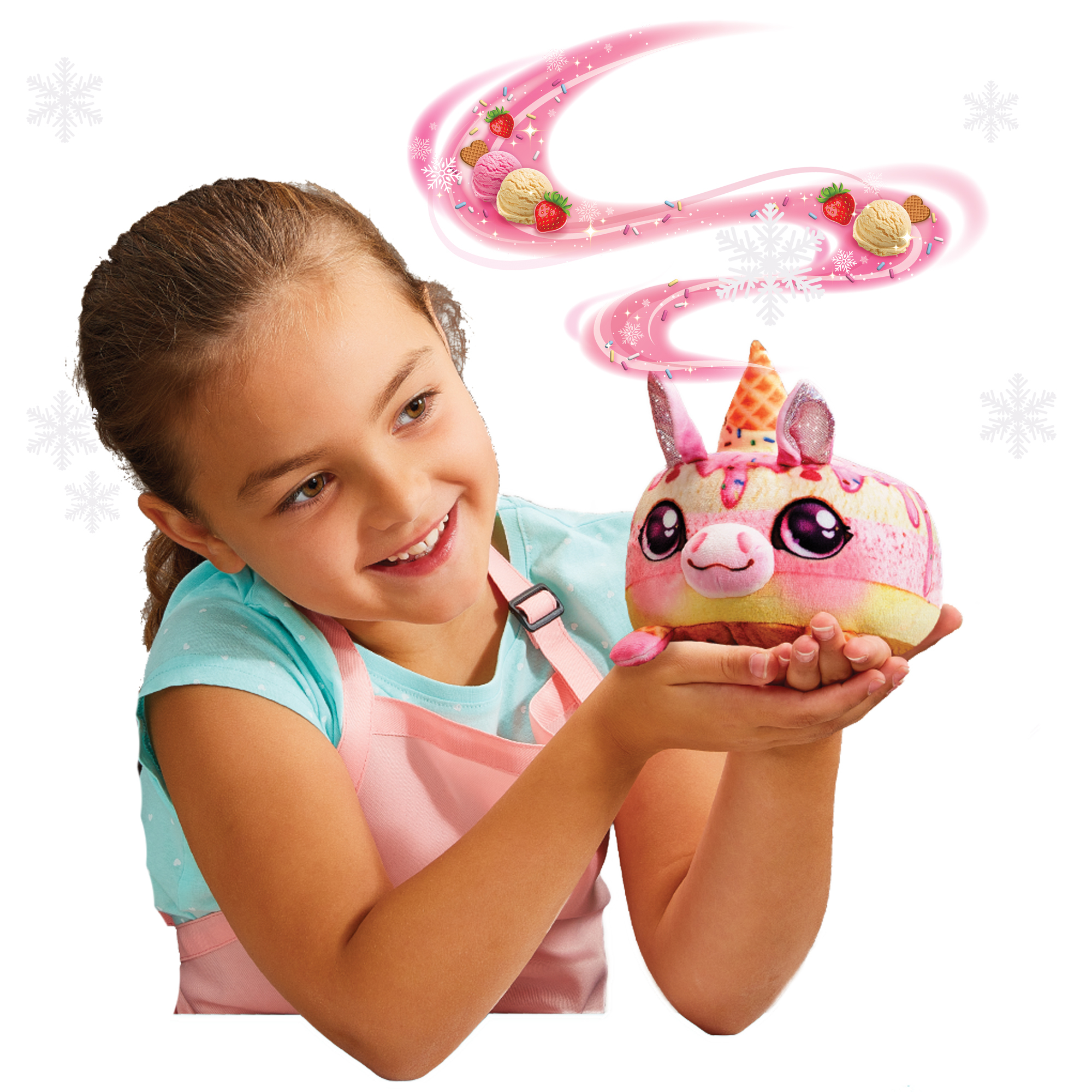 Ein Mädchen hält ein Eiscreme-Plüschtier mit Einhorn-Motiv, umgeben von magischen Eiscreme-Wolken.
