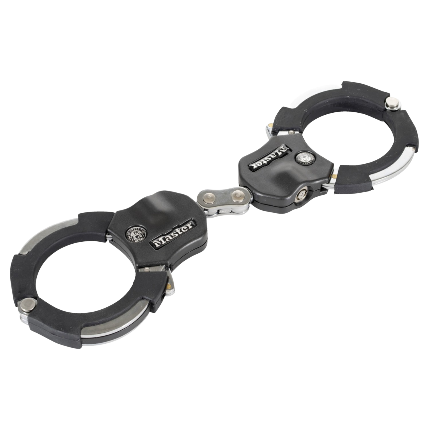 Manette nere con accenti argentati e marchio 'Master', su sfondo nero.