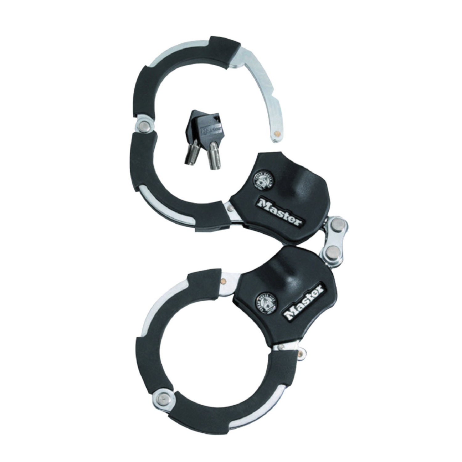 Manette Master Lock, nere e argentate, con due chiavi su sfondo bianco.