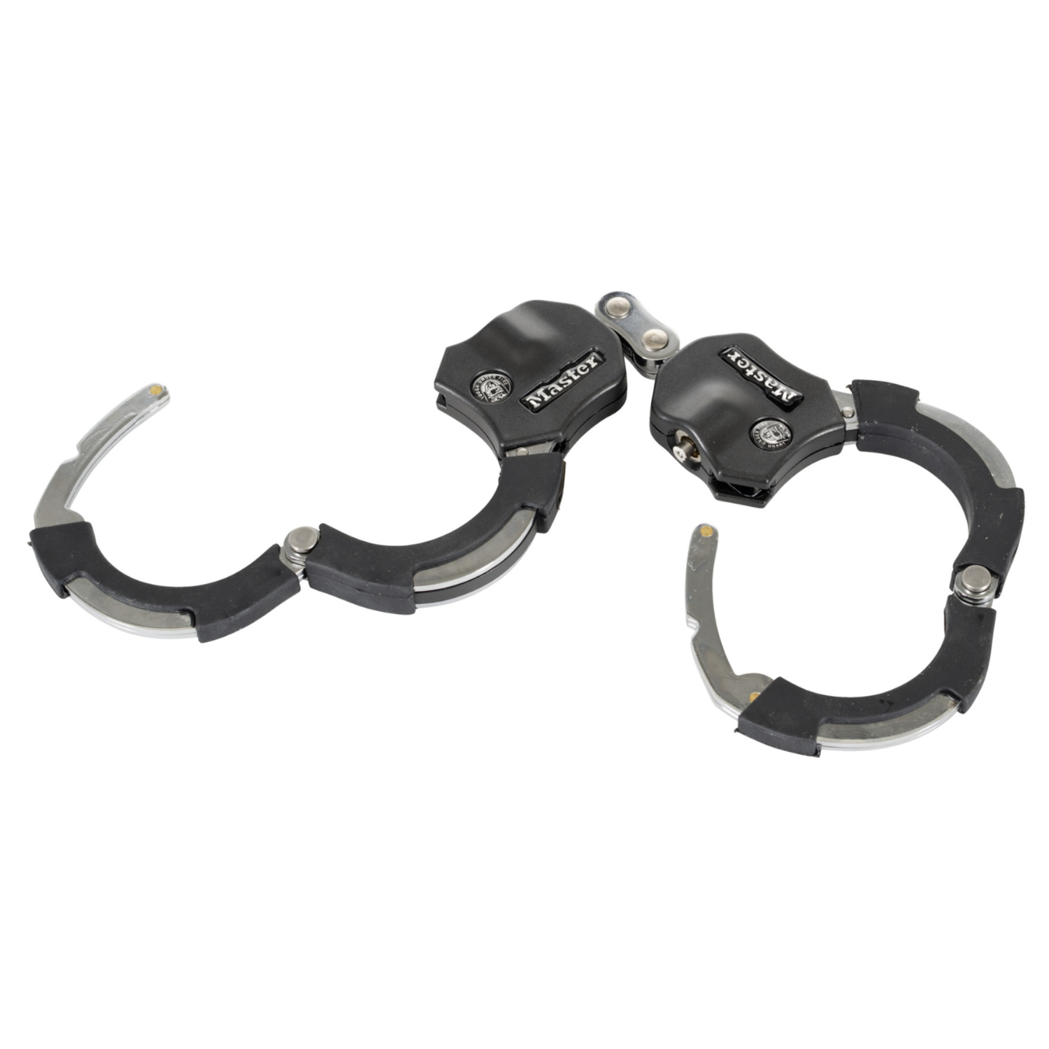 Manette nere con accenti argentati, su sfondo bianco.