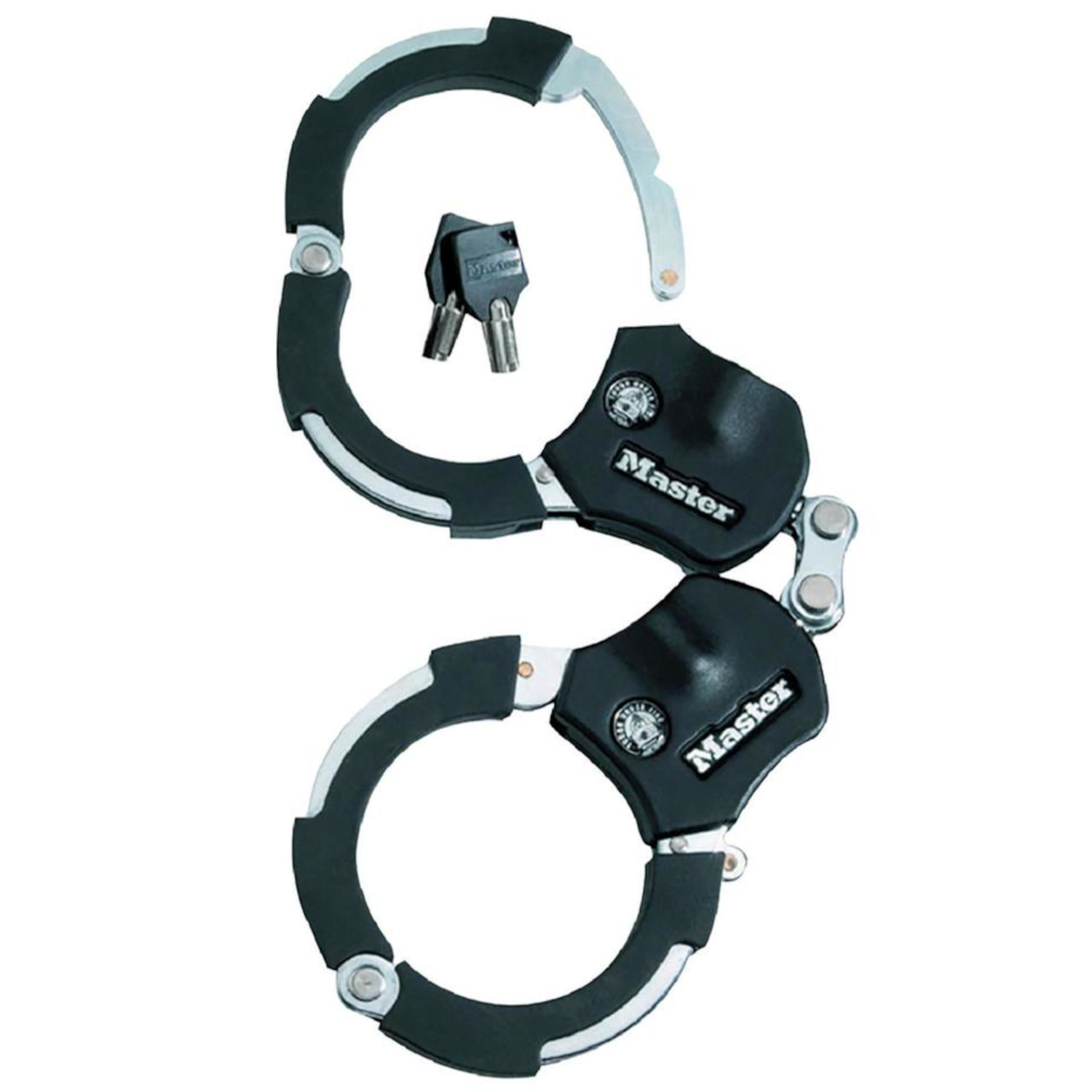 Manette Master nere e argentate con due chiavi su sfondo bianco.