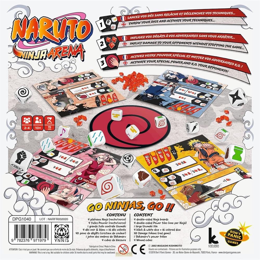 Gioco da tavolo Naruto Ninja Arena con dadi, tabelloni e carte personaggio.