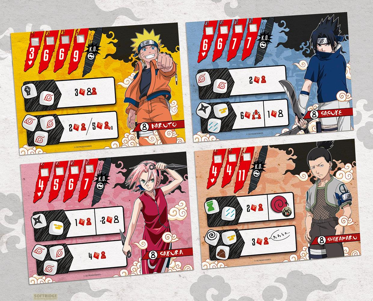 Carte da gioco di Naruto, Sasuke, Sakura e Shikamaru con arte e statistiche.