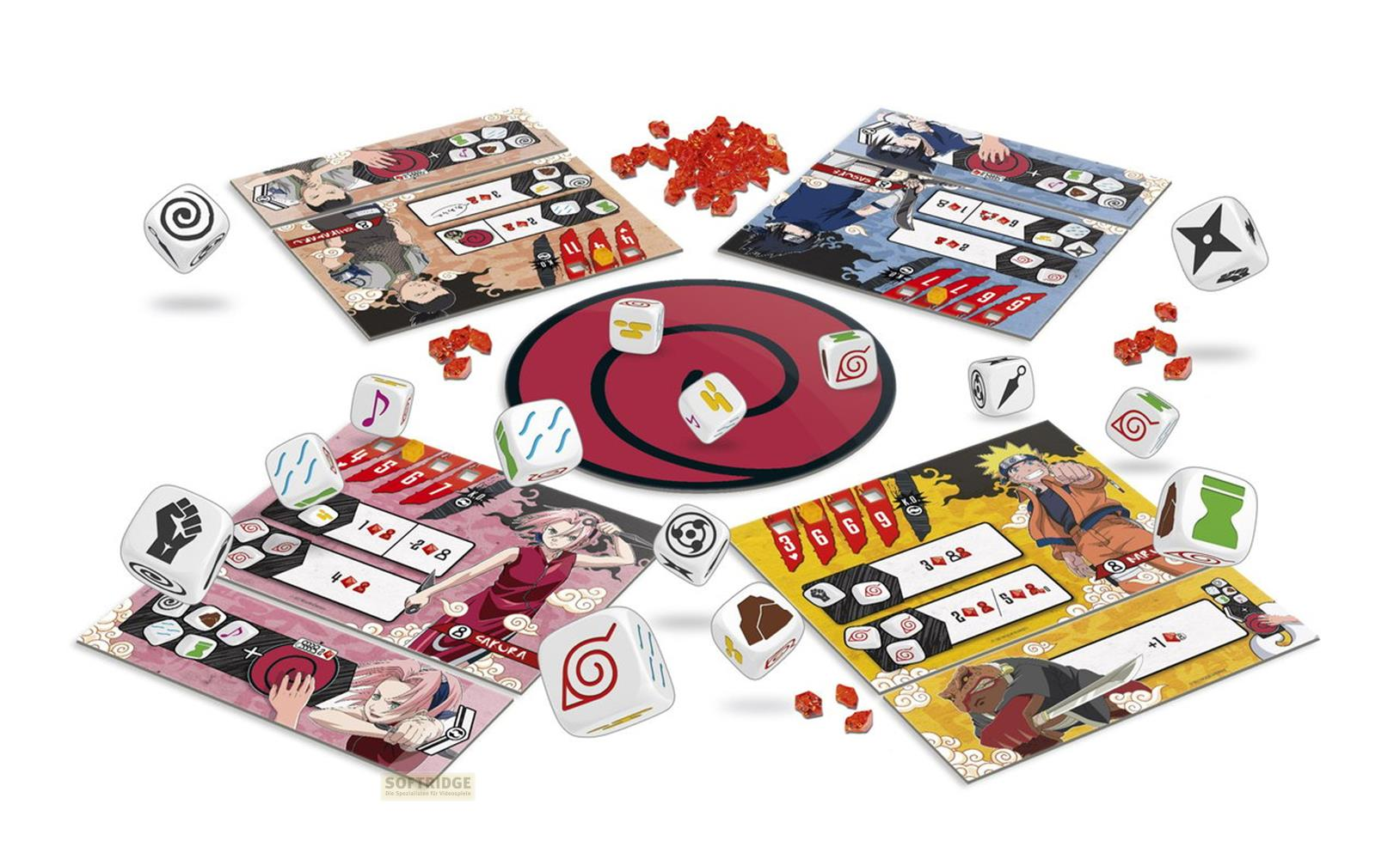 Gioco da tavolo Naruto con carte personaggio, dadi e pedine rosse.