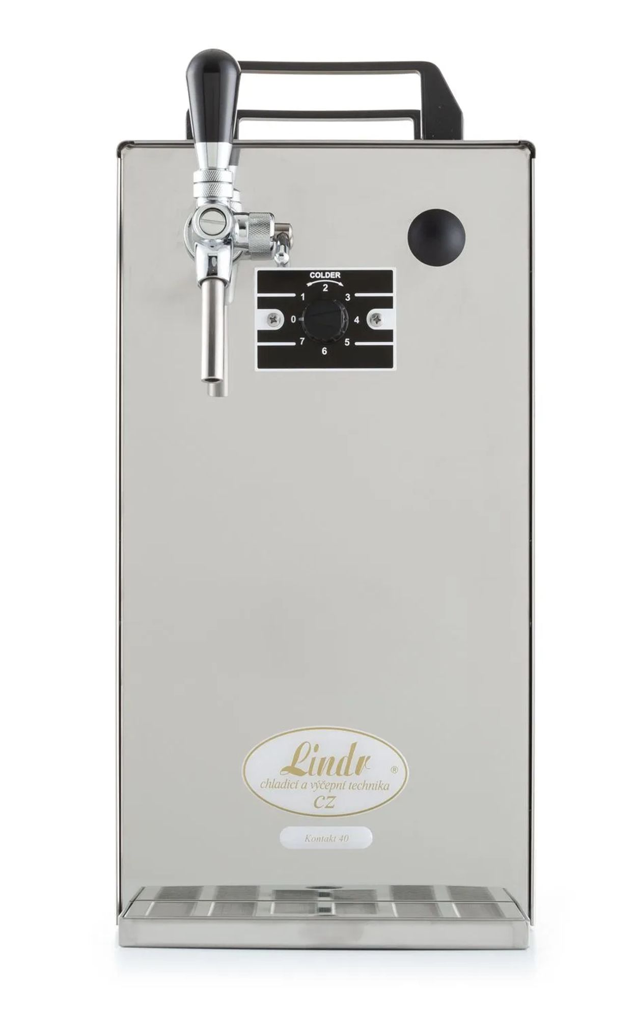 Een zilveren biertap met zwarte hendel en temperatuurregelaar.