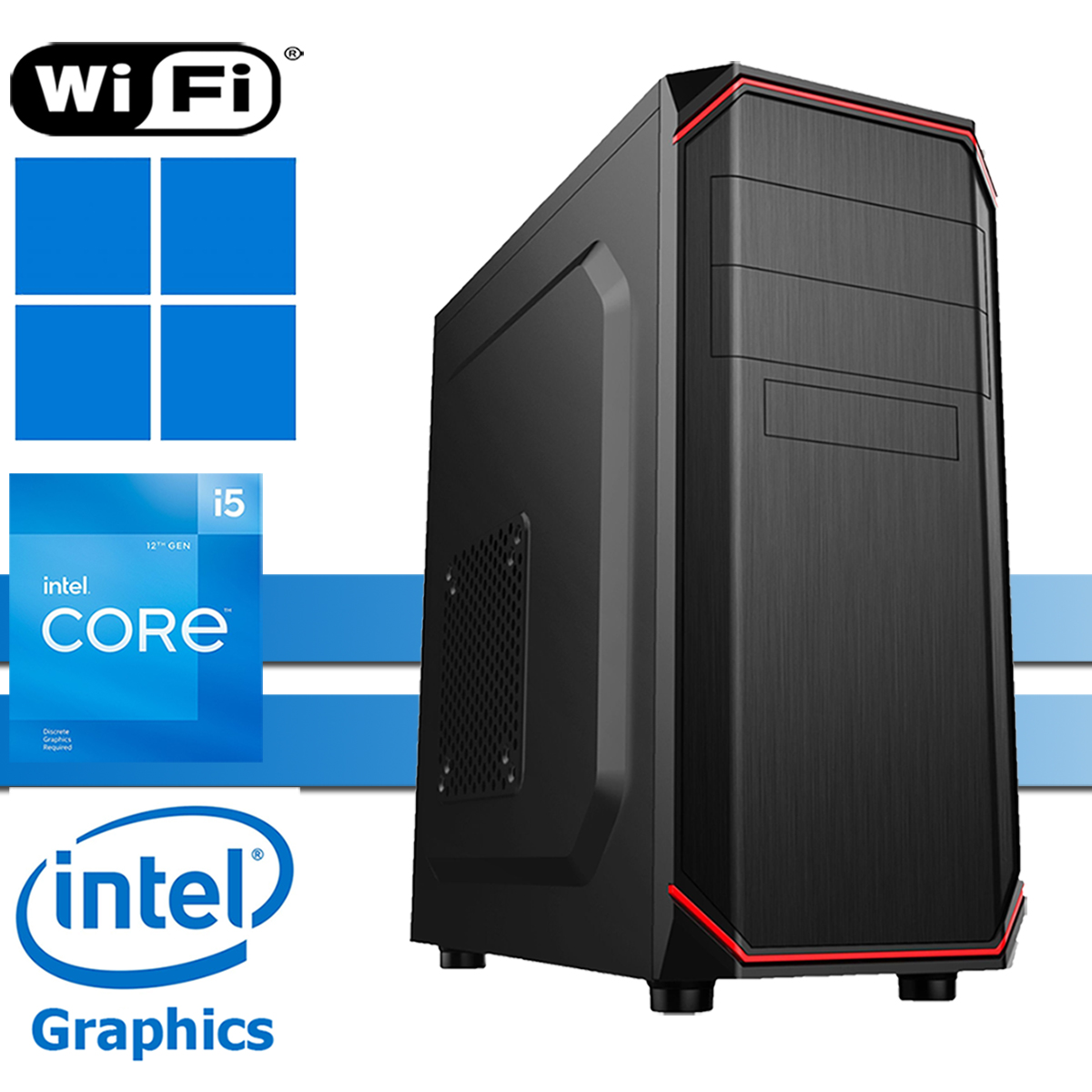 Ein schwarzer PC-Turm mit Intel Core i5-Logo, Wi-Fi- und Windows-Symbolen.