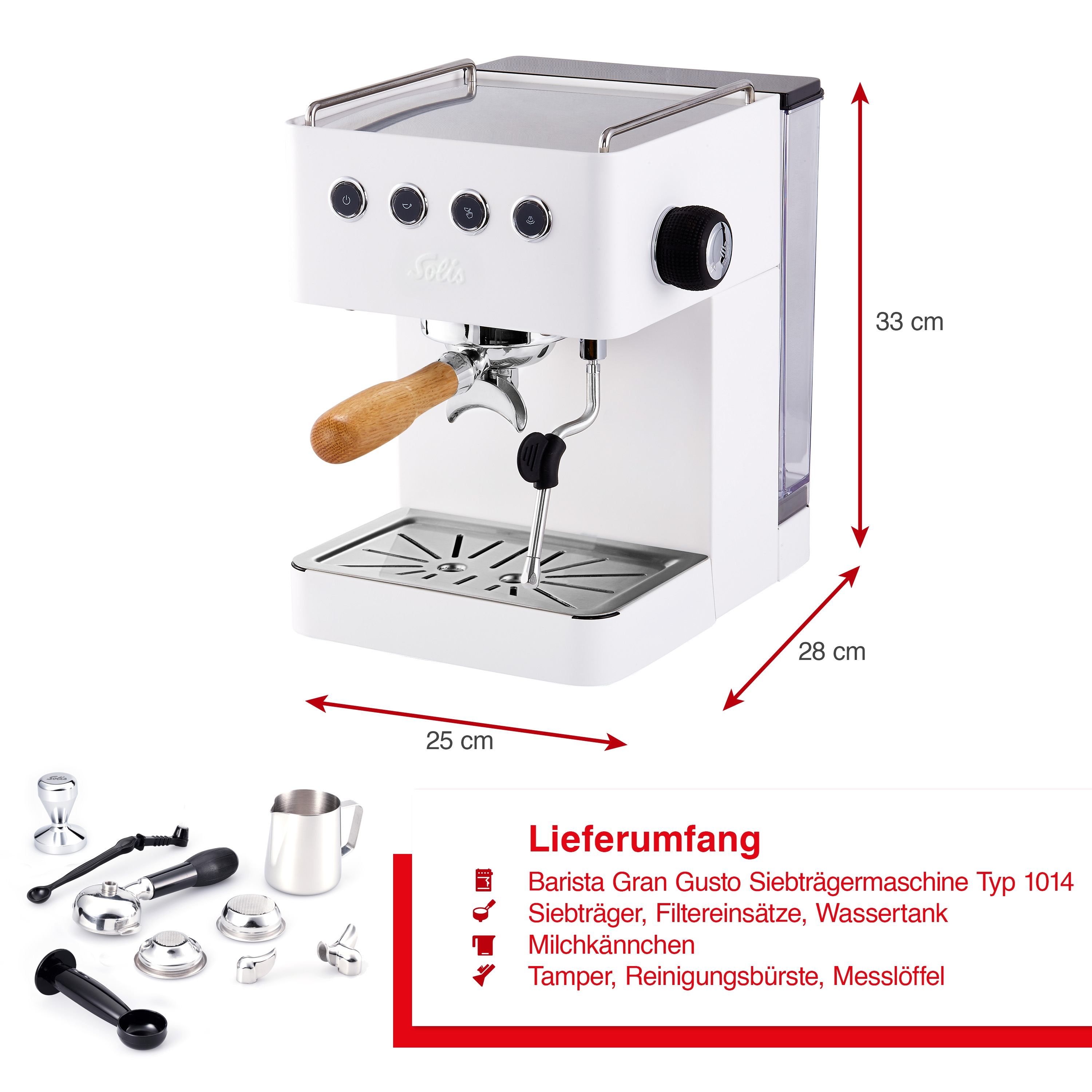 Weiße Espressomaschine mit Zubehör und Maßen (25x28x33cm).