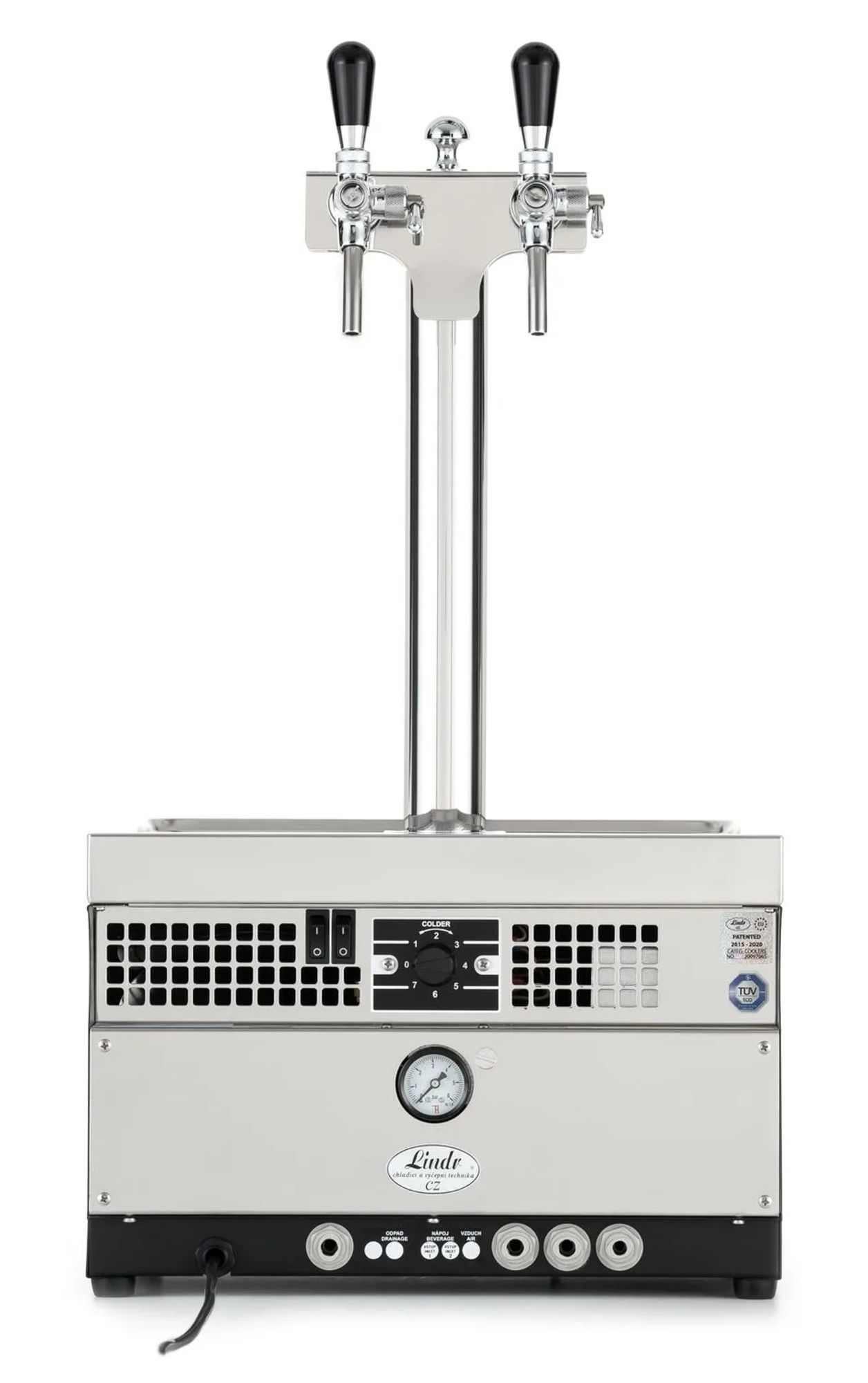 Twee bierkranen op een zilveren machine met een drukmeter en bedieningsknoppen.